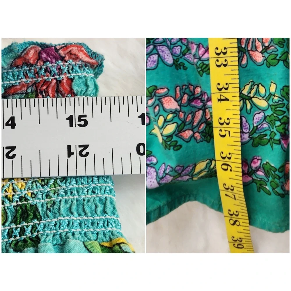 Derek‎ Heart Floral Smocked Maxi Skirt Teal Green Cotton Boho Cottagecore Size M